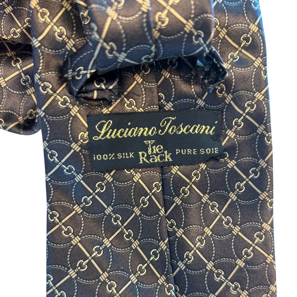 Vtg Luciano Toscani Horsebit 100% Silk Tie Men Taupe Brown Gold Gucci Made Italy - Picture 3 of 5